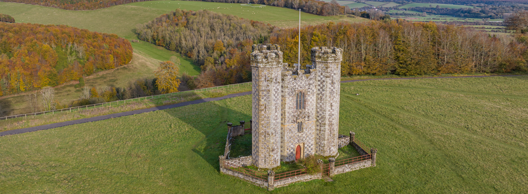 Aerial drone photograph of the Hiorne Tower in Arundel Park West Sussex