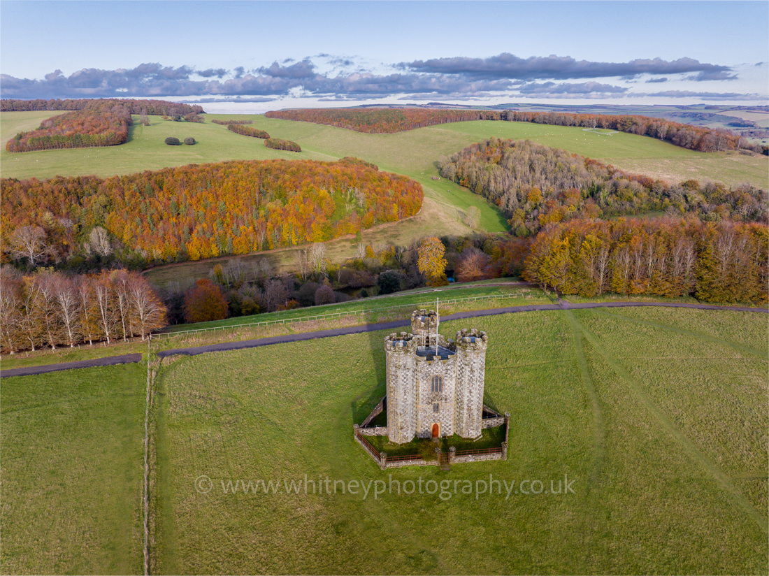 Drone photograph of the Hiorne Tower in Arundel Park in West Sussex